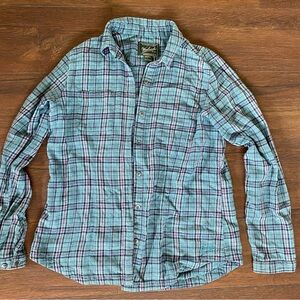 Woolrich Men's Teal and Navy Plaid Button-Down Shirt Size L